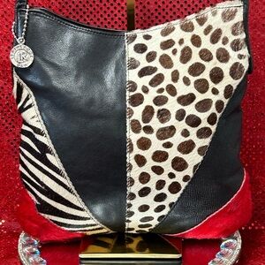 Leatherneck USA Black & Red Animal Print Calf Hair Shoulder Bag Approx. 12 x 11